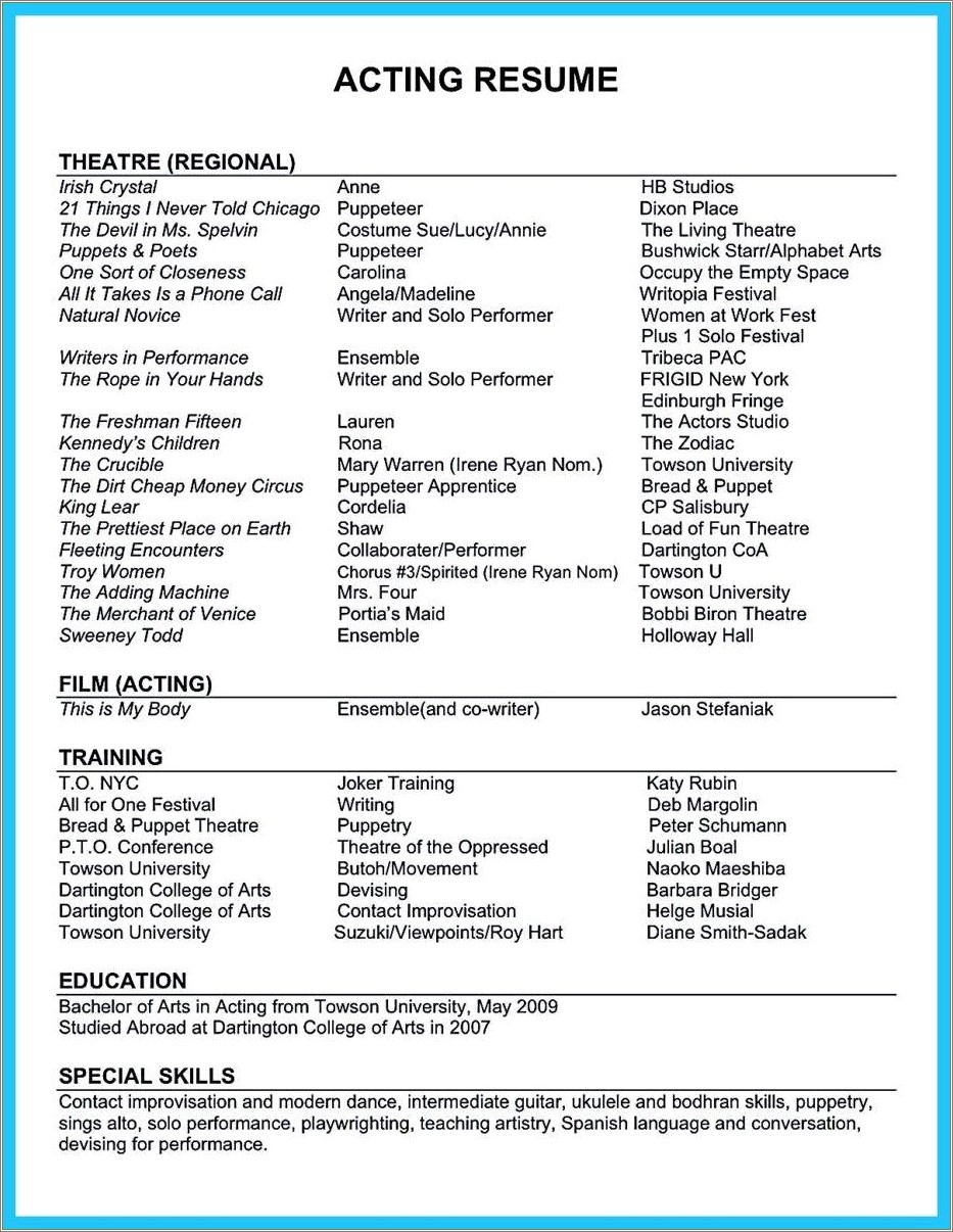 Acting Resume Examples Special Skills - Resume Example Gallery