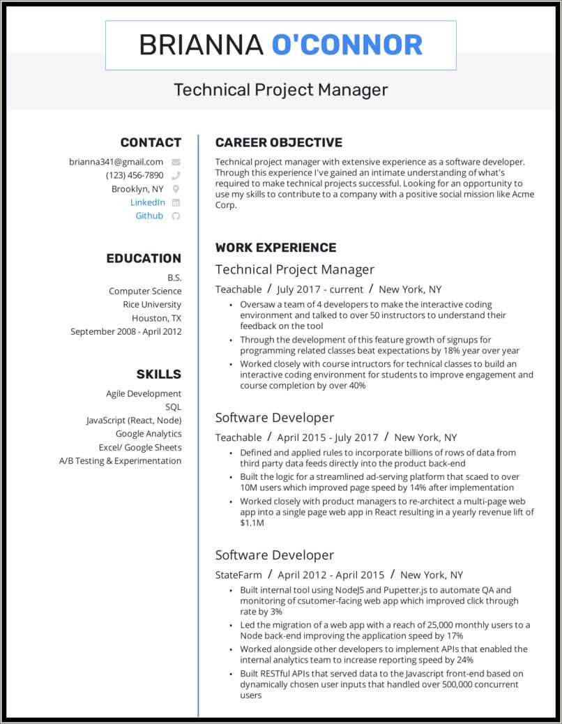 Agile Technical Project Manager Resume Resume Example Gallery