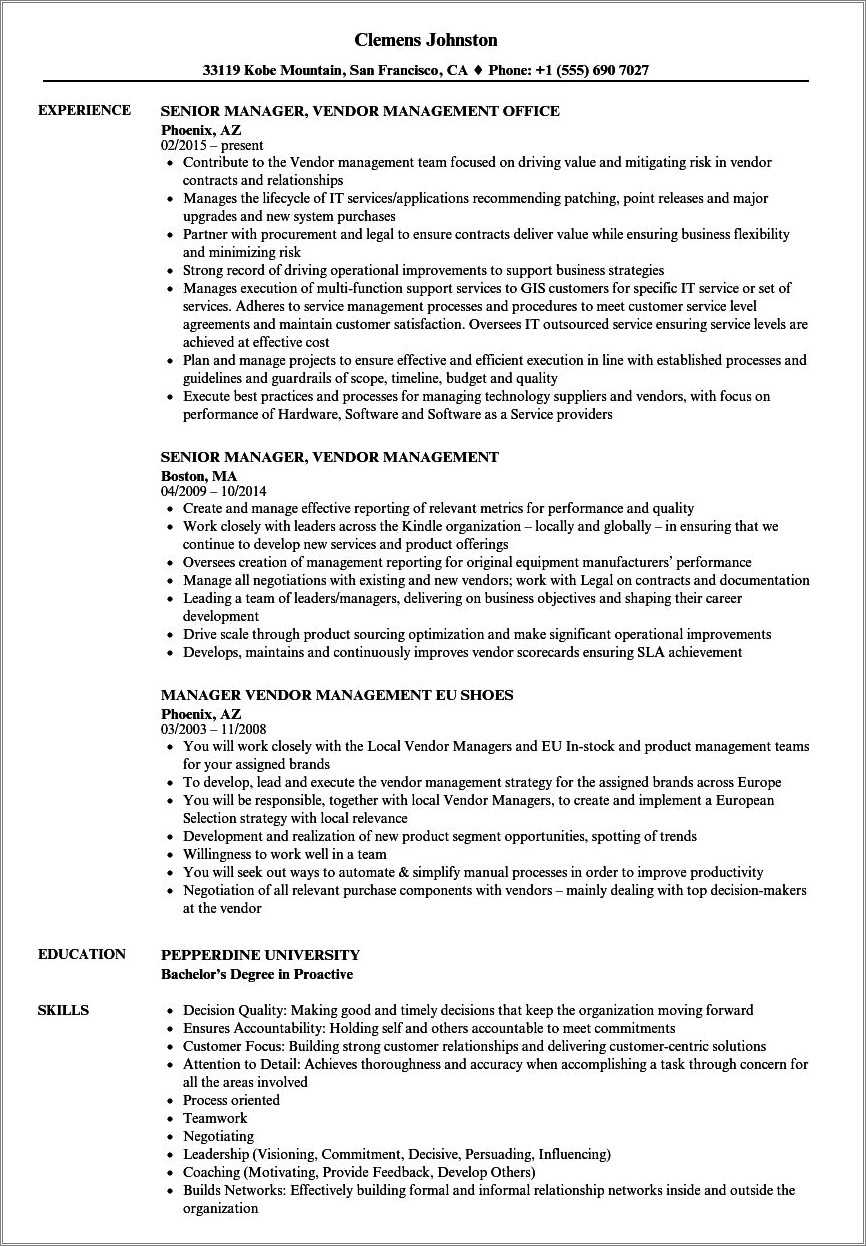 Amazon Senior Vendor Manager Resume - Resume Example Gallery