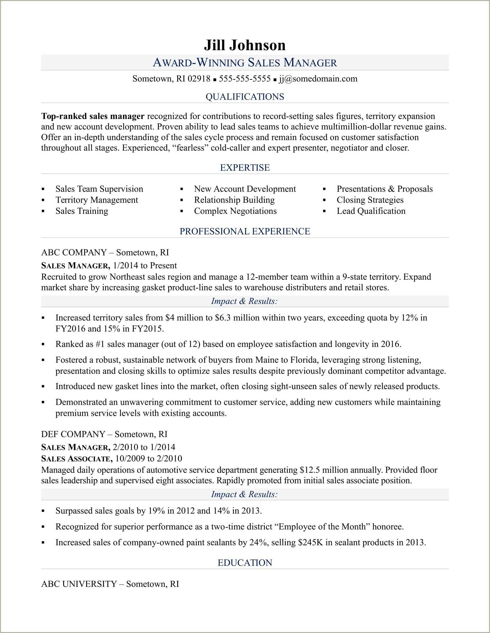 Area Sales Manager Resume Sample India