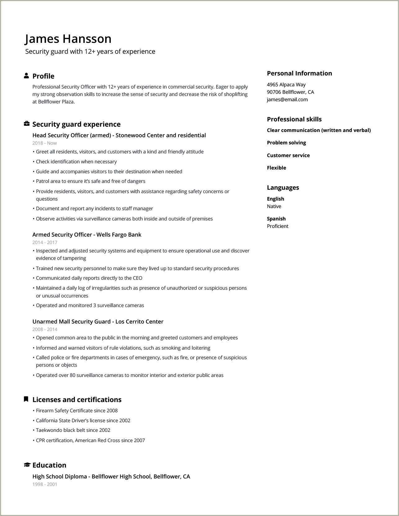 Security Officer Resume Job Description