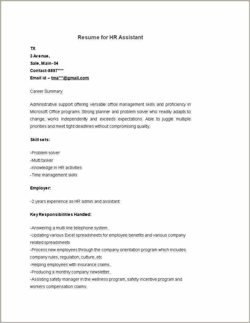 Ass Hr Duties Samples For Resume - Resume Example Gallery