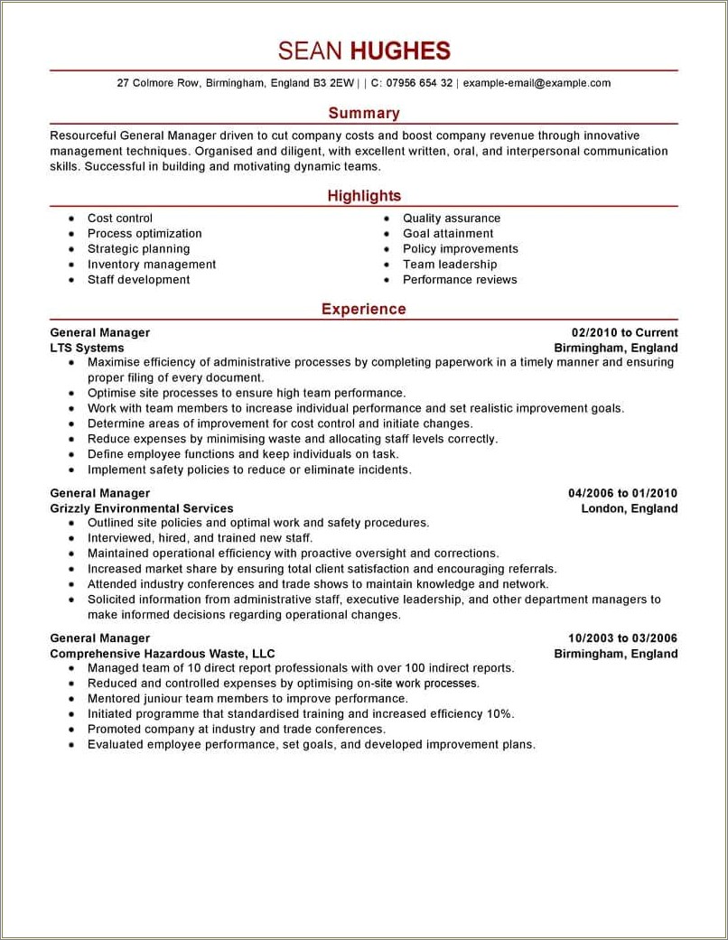 Assistant General Manager Resume Skills Example Resume Example Gallery