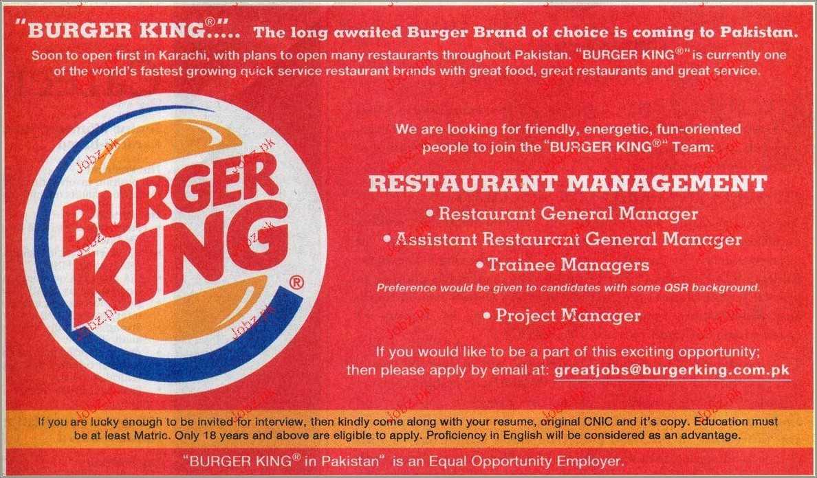 Burger King Manager Resume Samples - Resume Example Gallery