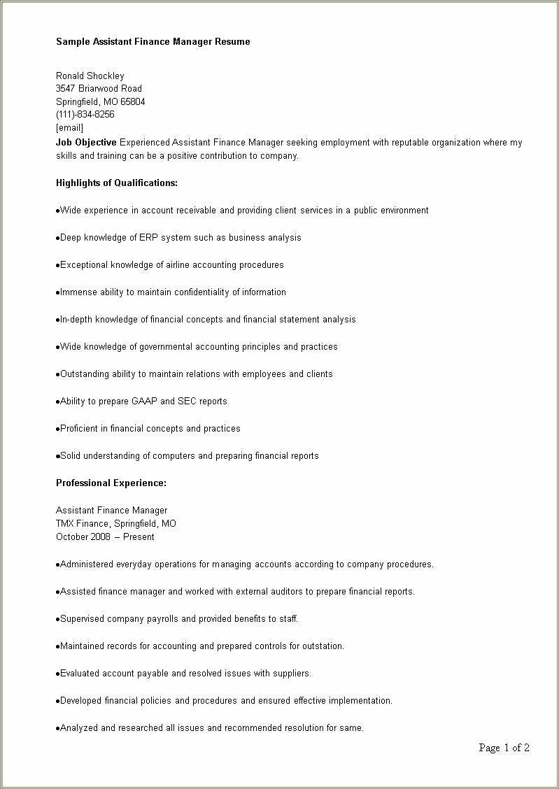 Assistant Manager Finance Resume Format Resume Example Gallery