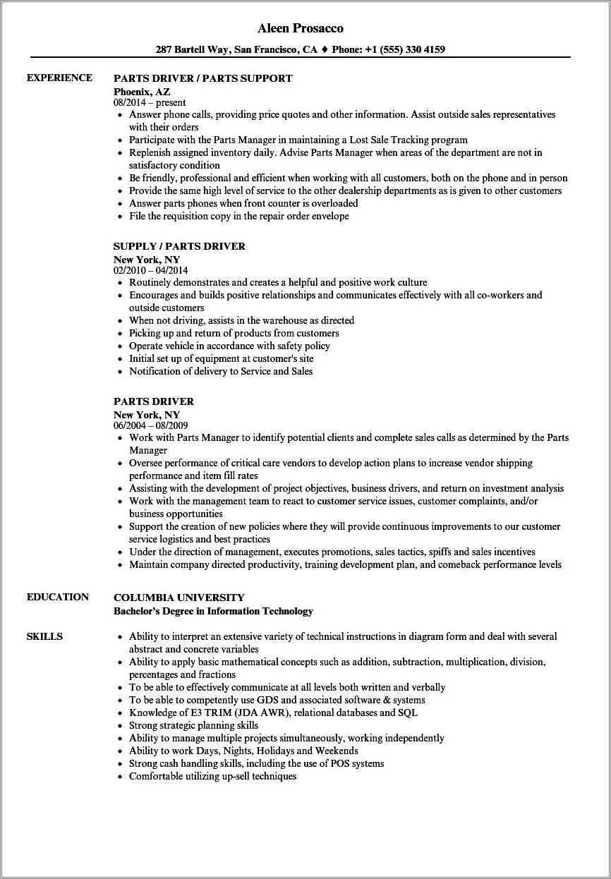 Auto Parts Delivery Resume Sample - Resume Example Gallery