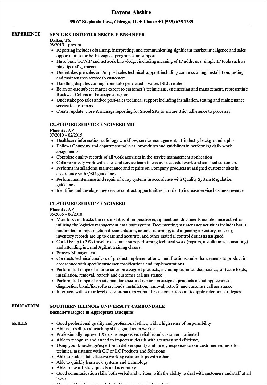 Automobile Service Engineer Resume Sample Pdf