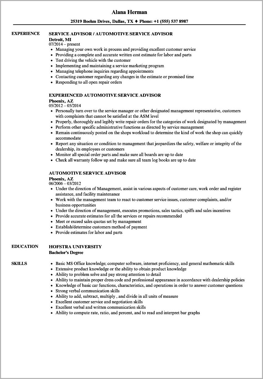 Automotive Service Advisor Resume Sample Resume Example Gallery