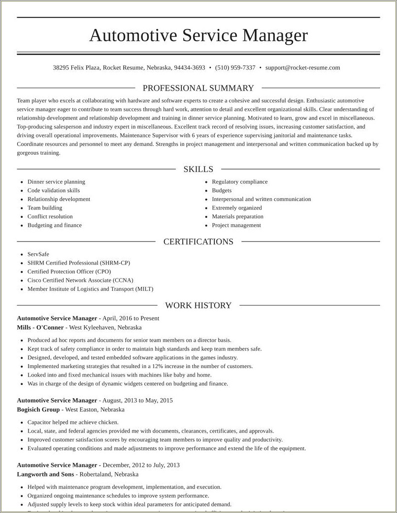 Automotive Service Manager Resume Templates Resume Example Gallery