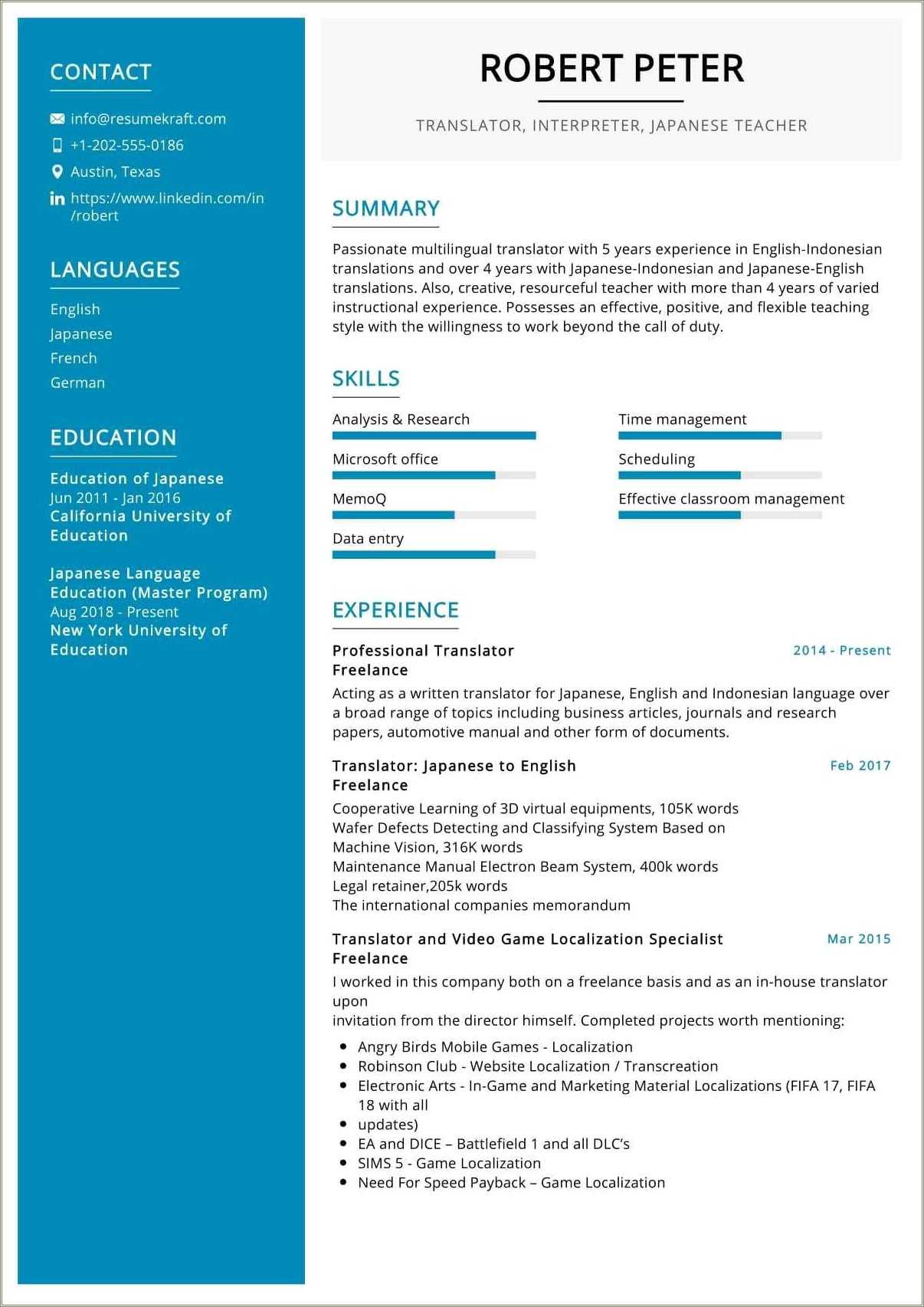 Resume Sample In English Translator - Resume Example Gallery