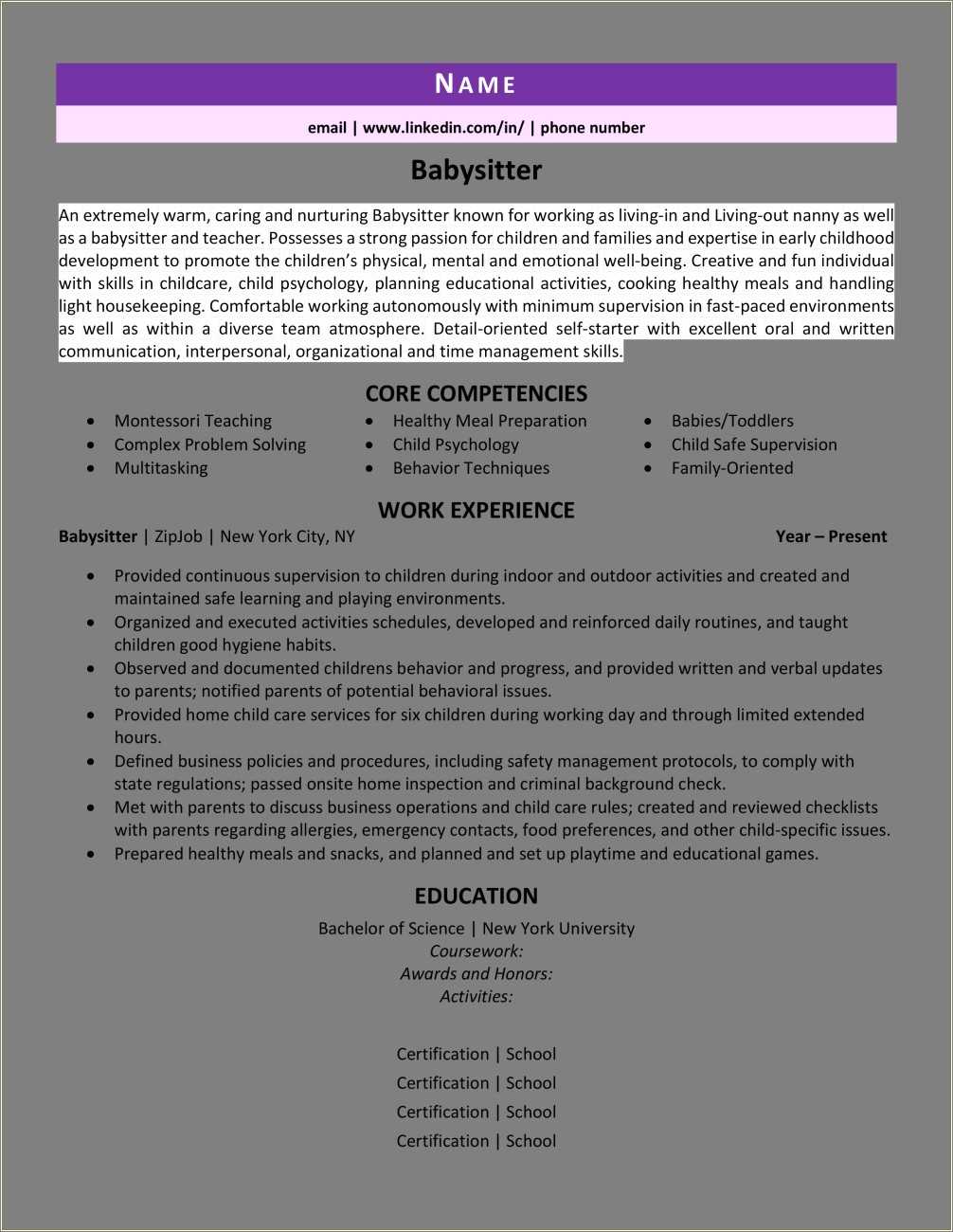 Babysitter Description For Resume Example Resume Example Gallery