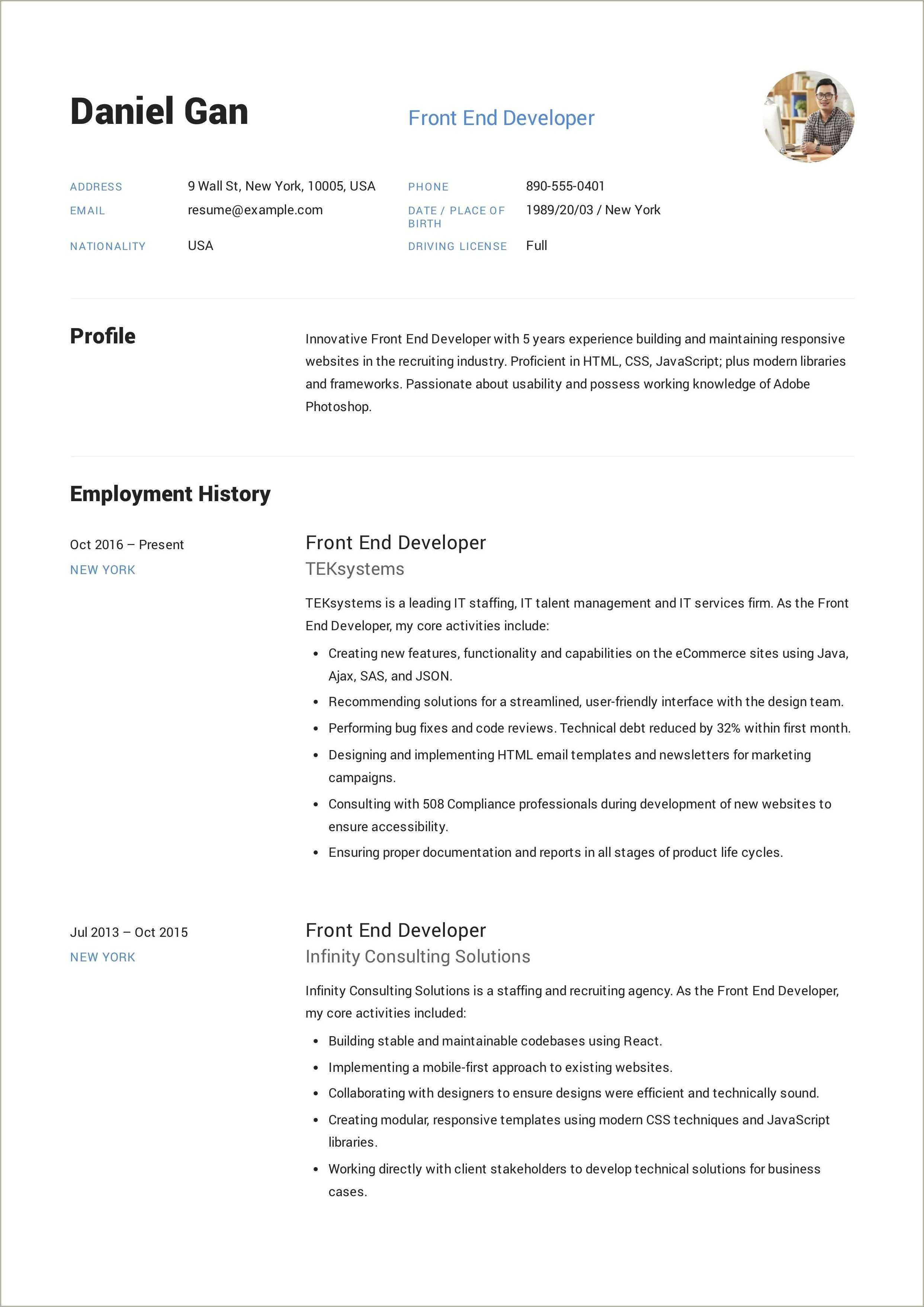 Back End Developer Resume Example