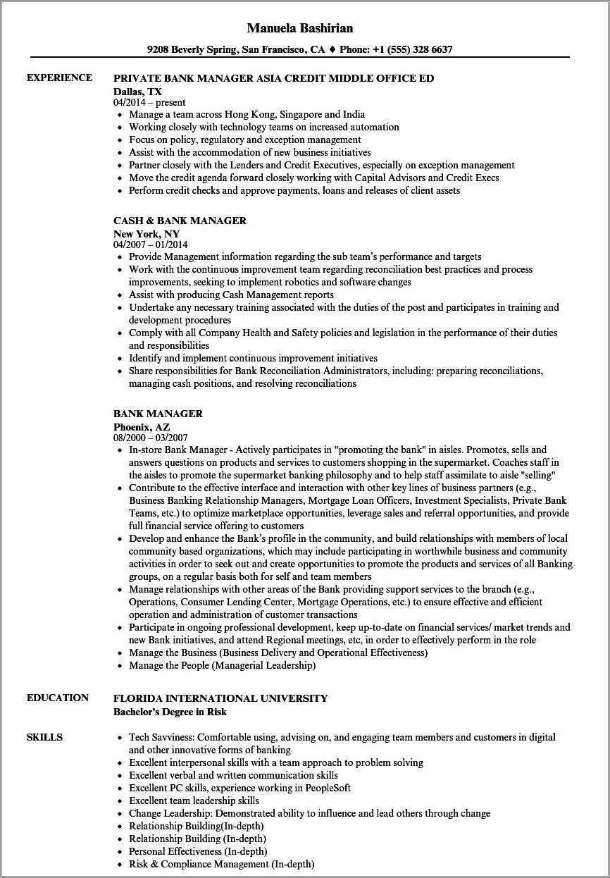 Banking Center Manager Job Description For Resume Resume Example Gallery