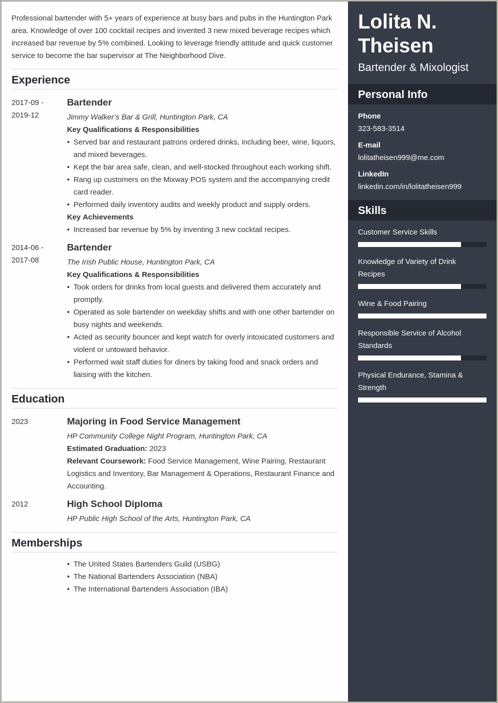 Bartender Resume Skills And Qualifications - Resume Example Gallery