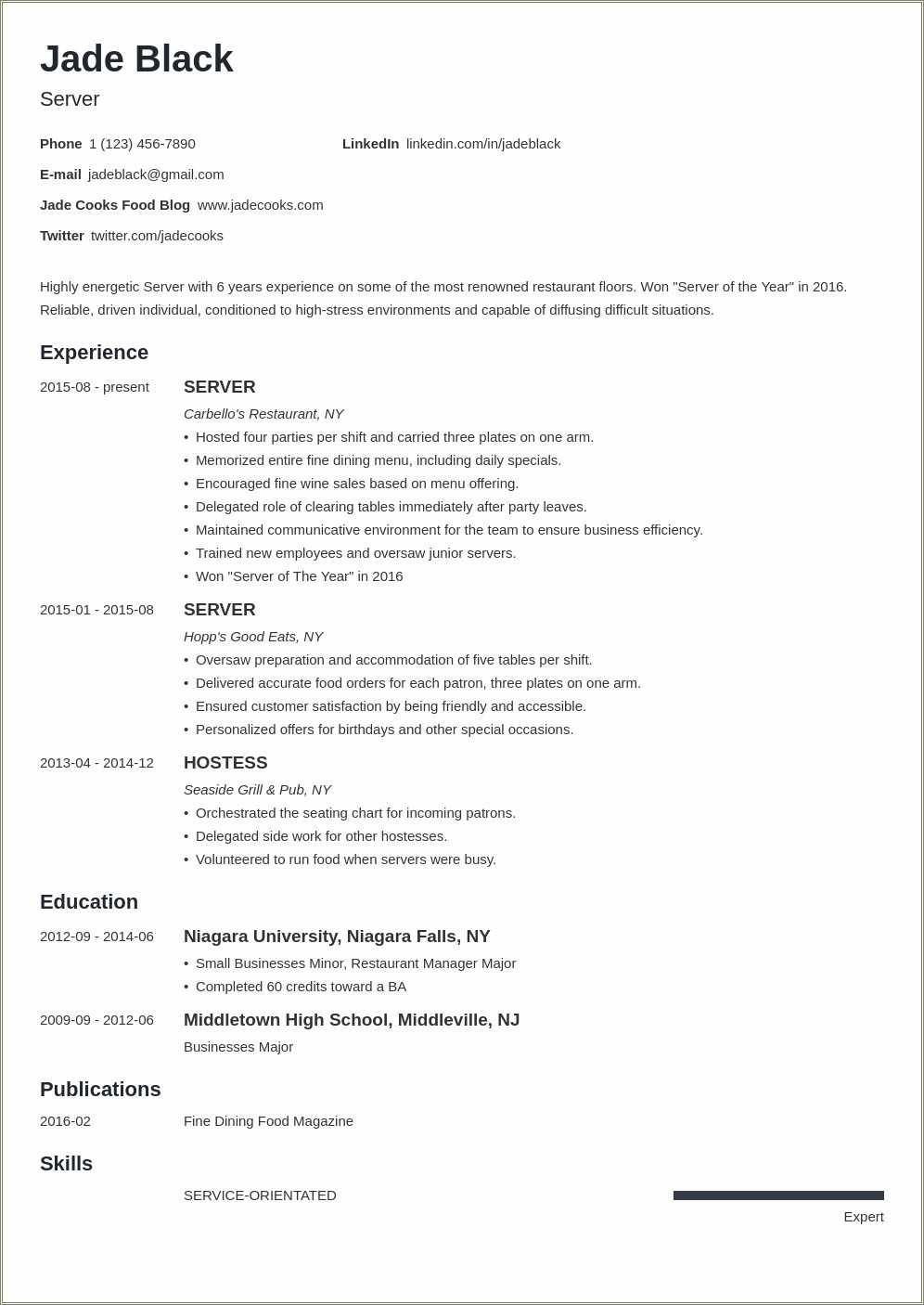 applebee's server job description for resume