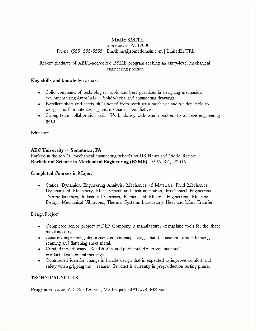 Best Entry Level Mechanical Engineer Resume Example Resume Example 