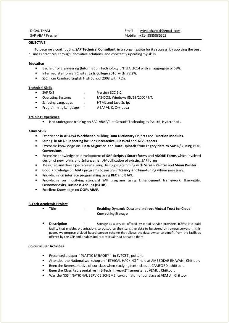 Best Resume For Sap Abap Fresher - Resume Example Gallery