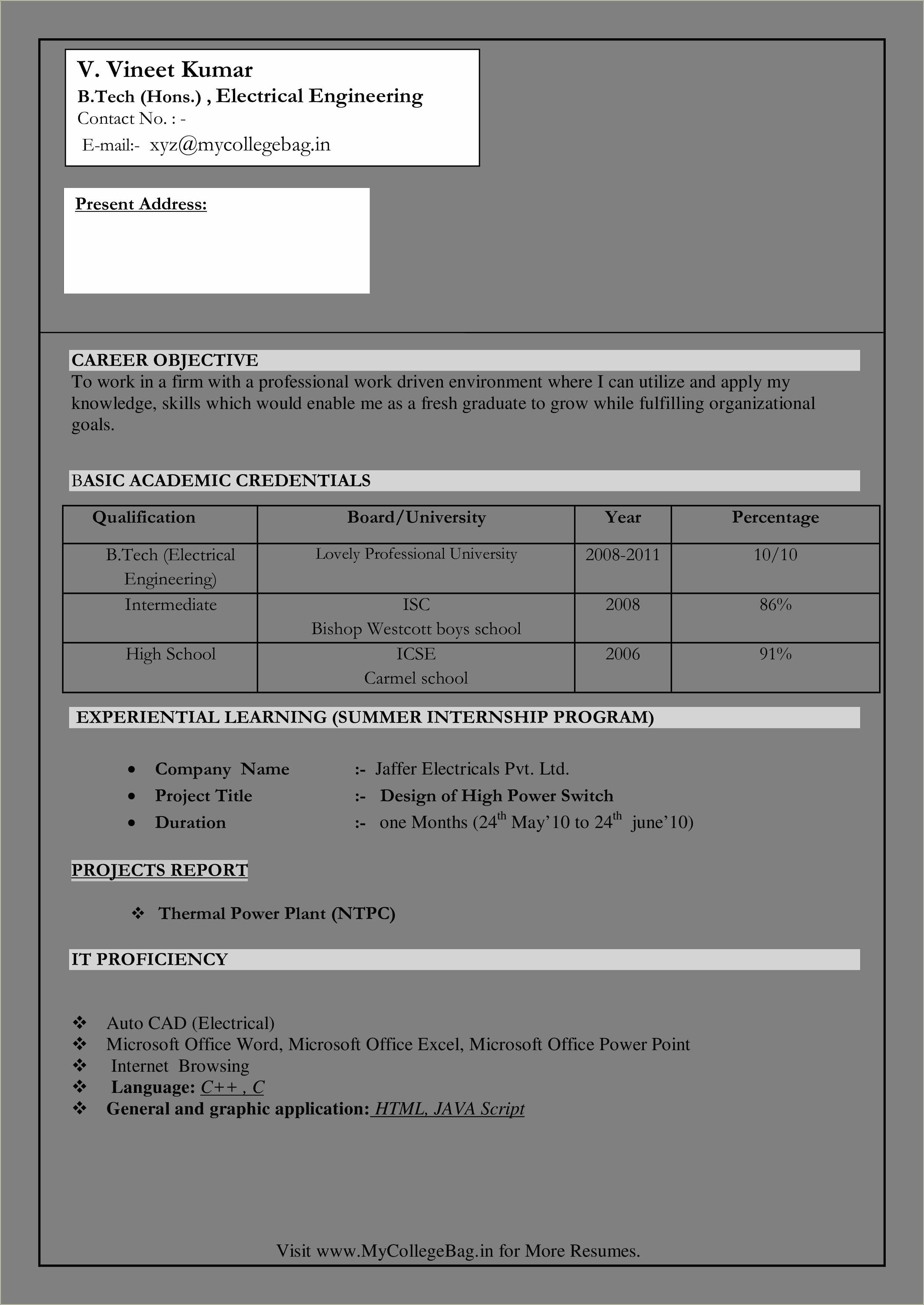 Resume Format For Job Fresher Civil Engineer