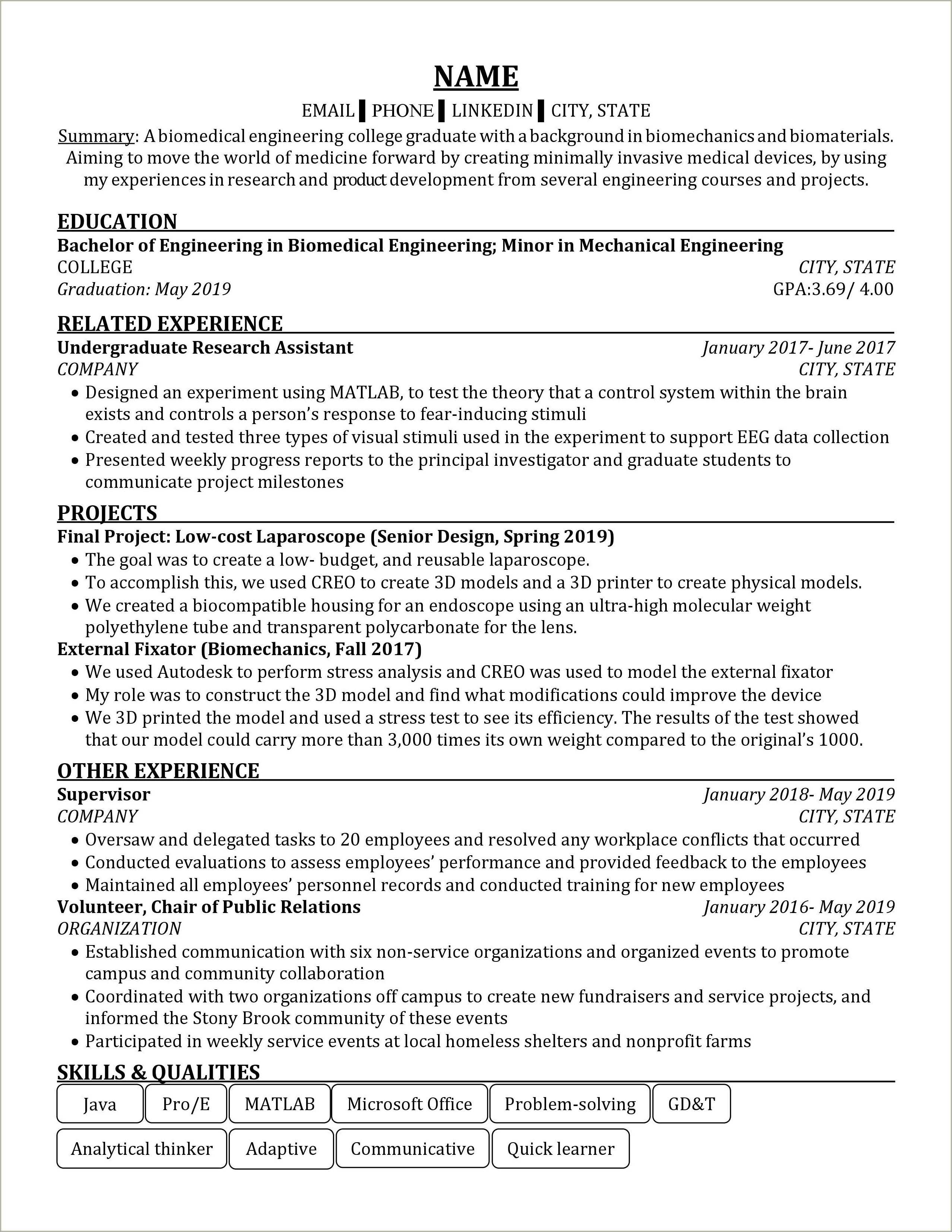 Biomedical Engineering Student Resume Examples - Resume Example Gallery