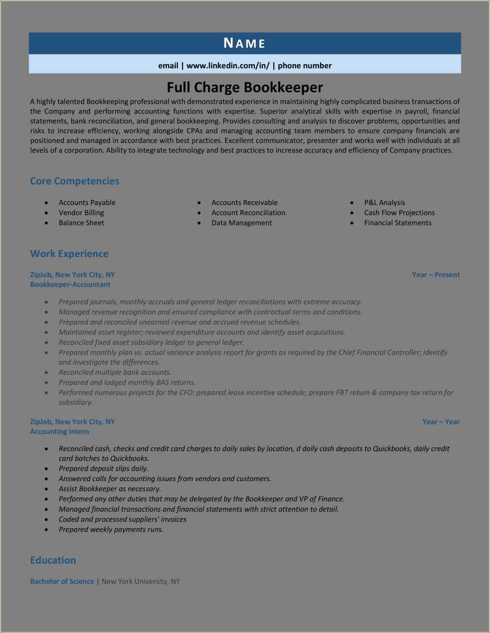 Bookkeeper Job Summary For Resume Resume Example Gallery