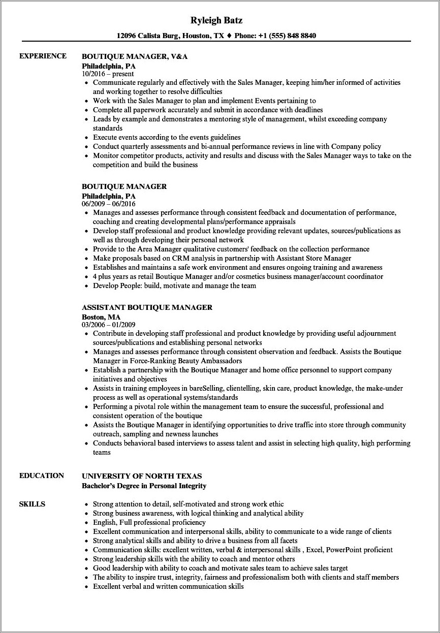 Boutique Owner Job Description Resume Resume Example Gallery