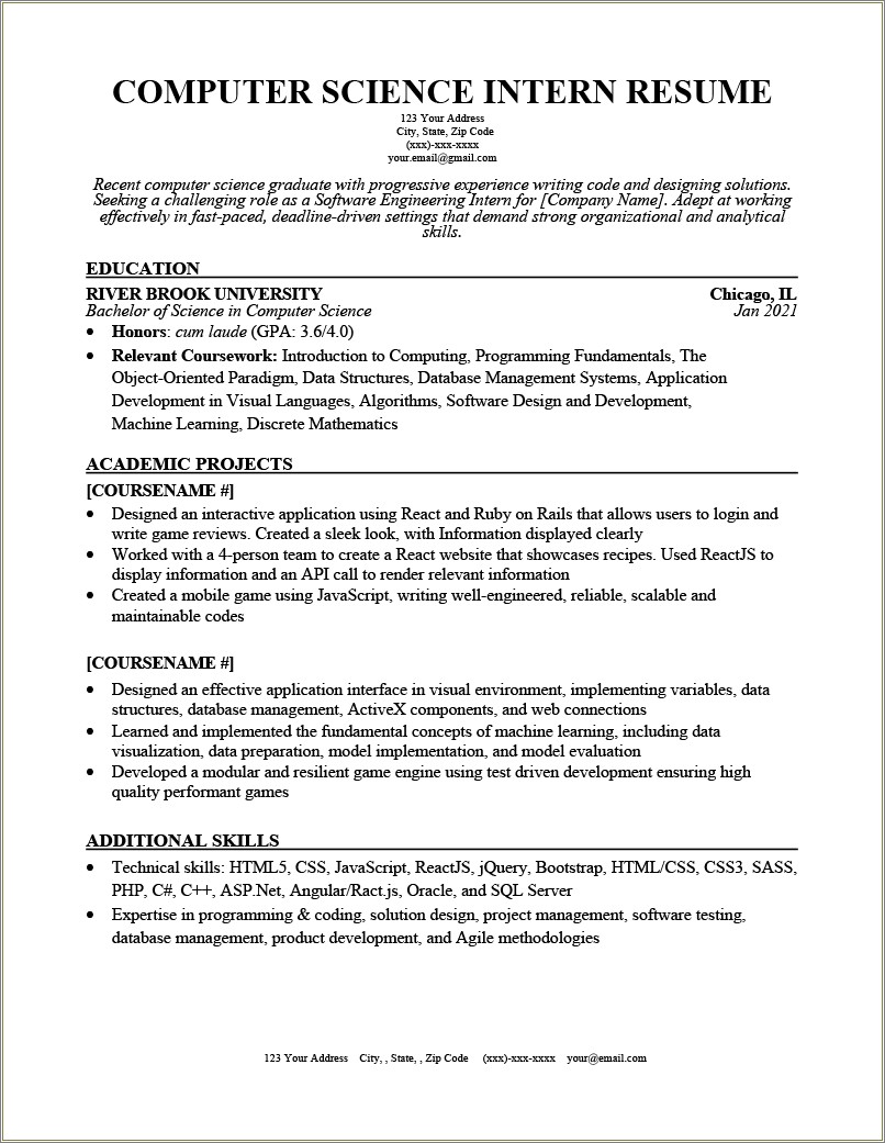 Resume Objective For Internship Management Resume Example Gallery