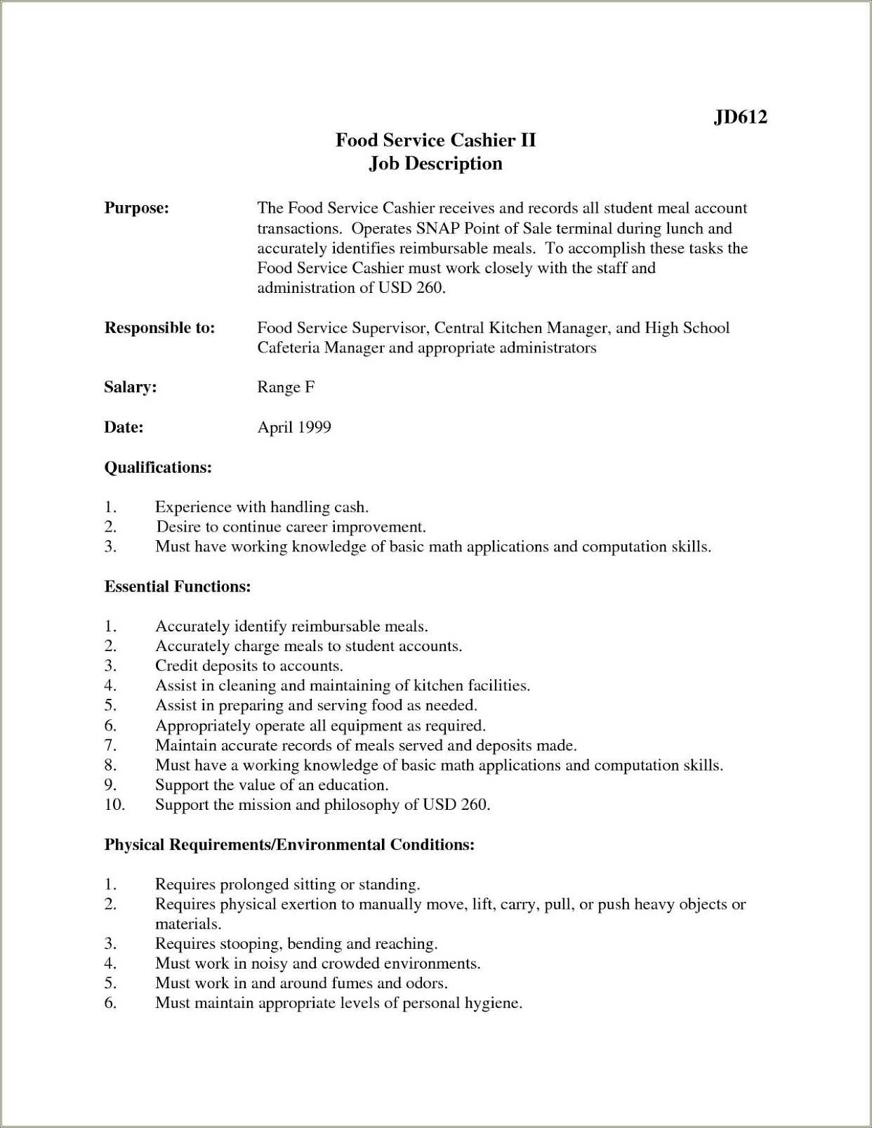 Resume Examples For Cafeteria Worker Resume Example Gallery