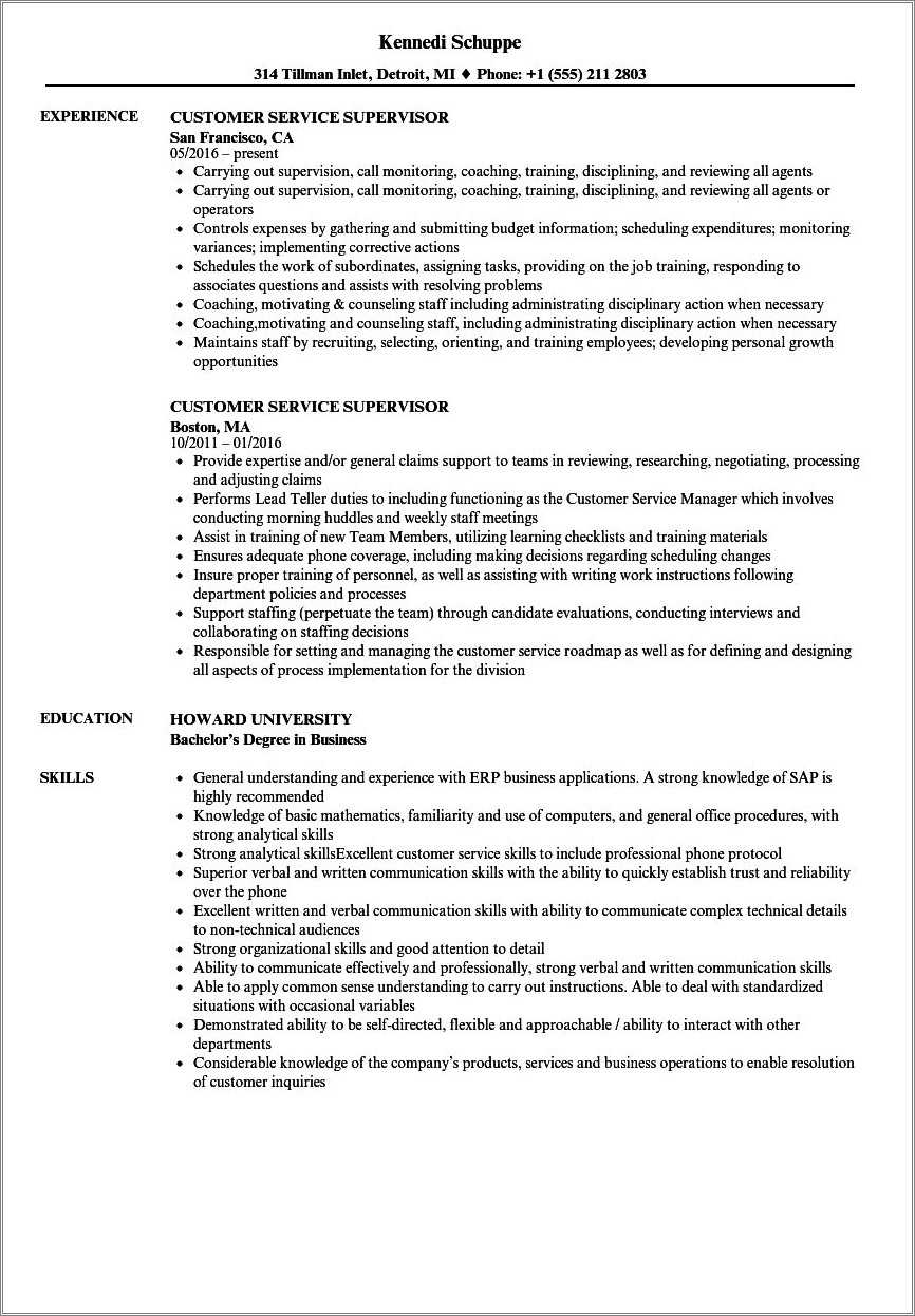 Call Center Supervisor Resume Job Description Resume Example Gallery