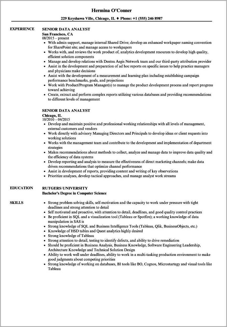 Capital One Data Analyst With Tableau Sample Resume - Resume Example ...