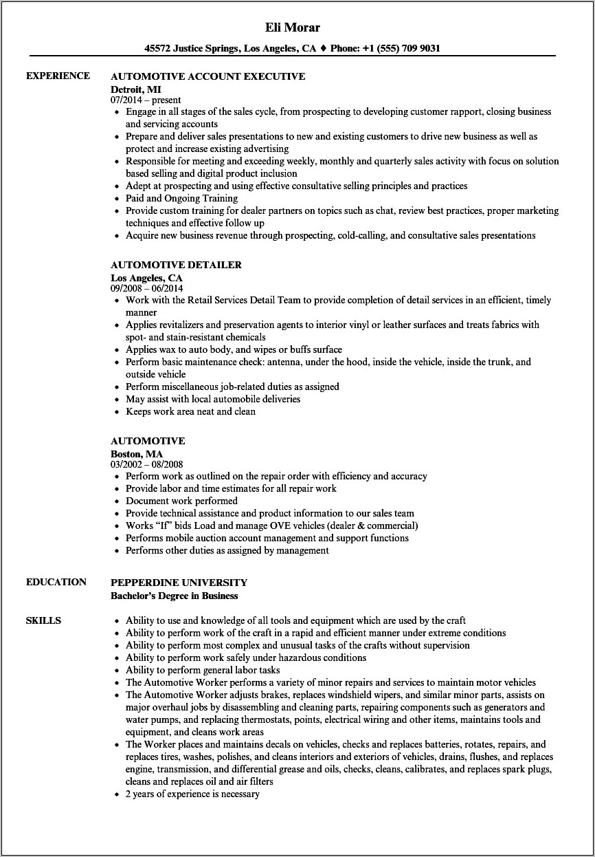 Career Objective For Automotive Resume - Resume Example Gallery