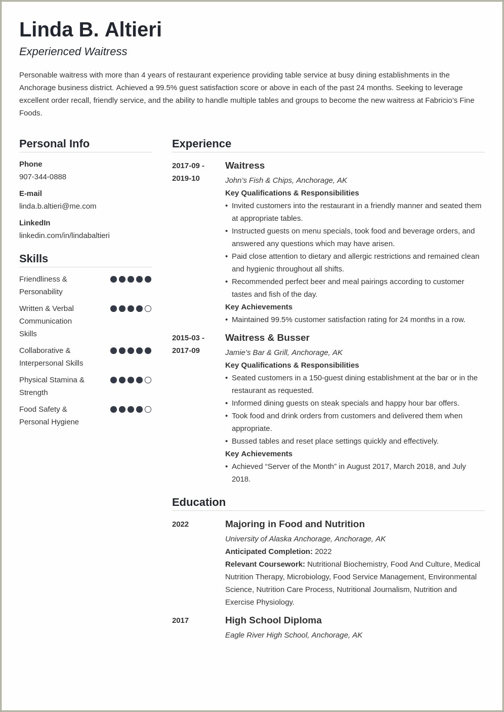 Waitress Career Objective For Resume - Resume Example Gallery