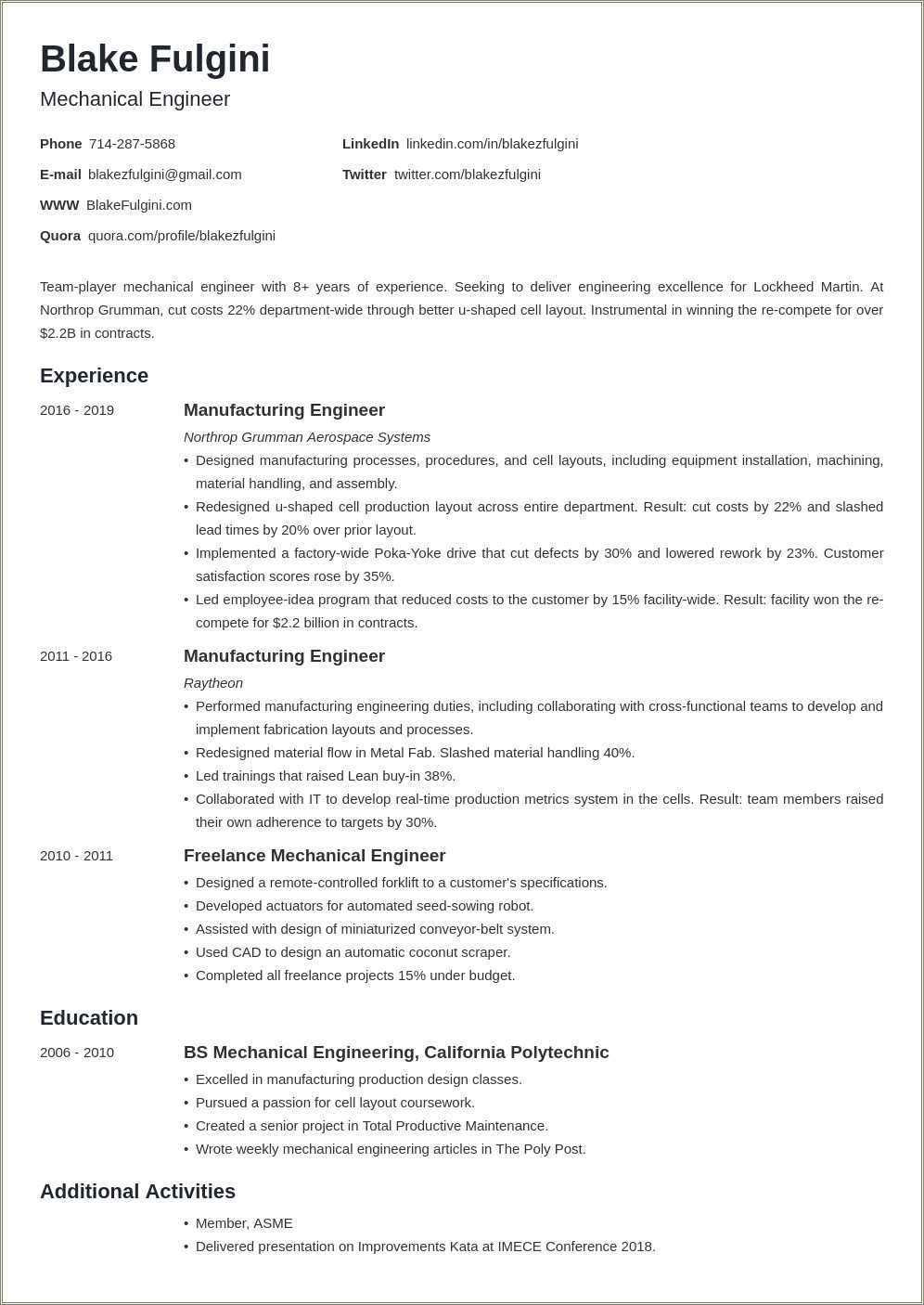 Mechanical Engineer Resume Sample Objective - Resume Example Gallery