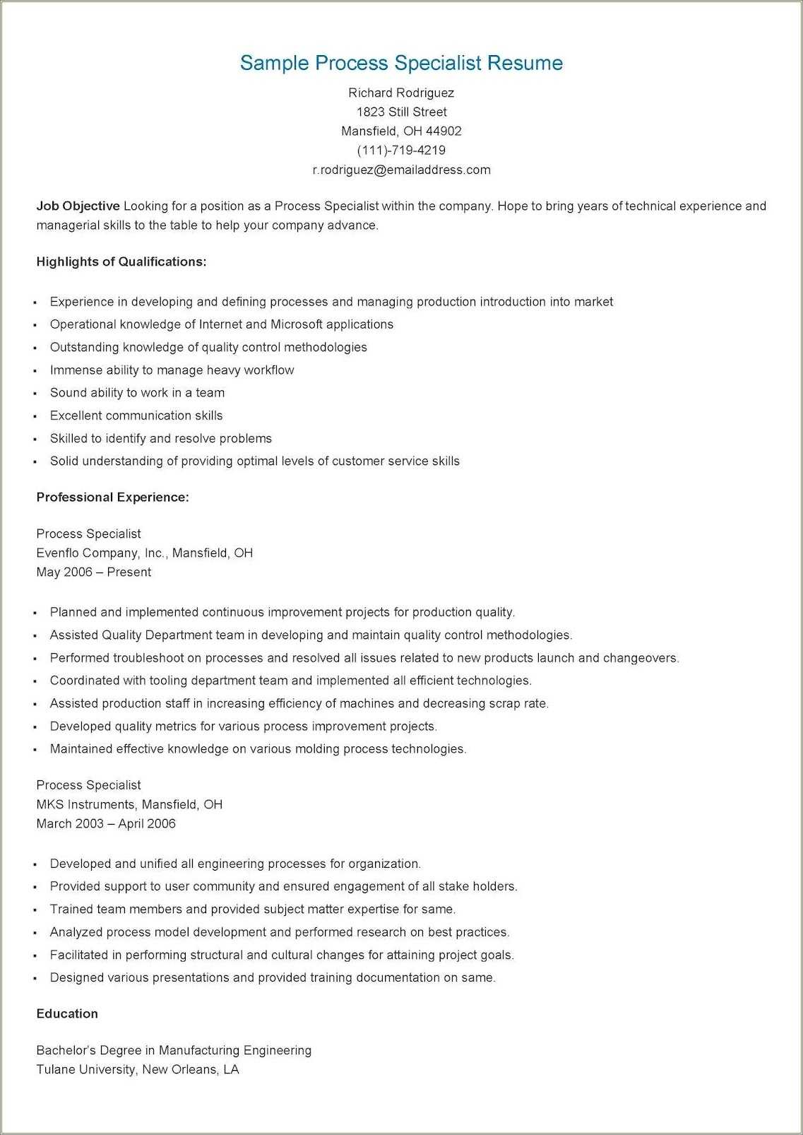 Career Objective On Resume Examples Process Engineer Resume Example 