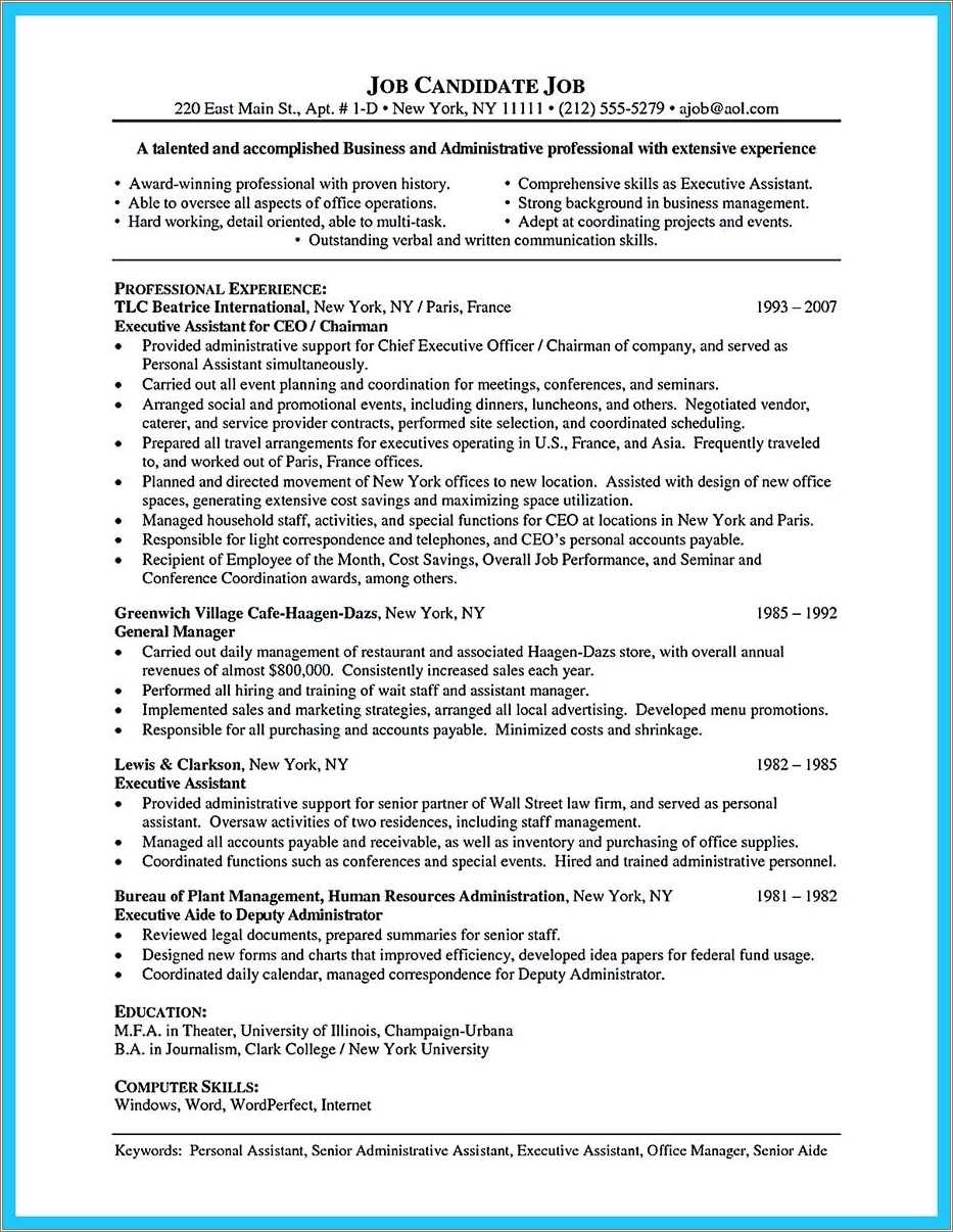 Career Objective Resume Executive Assistant - Resume Example Gallery