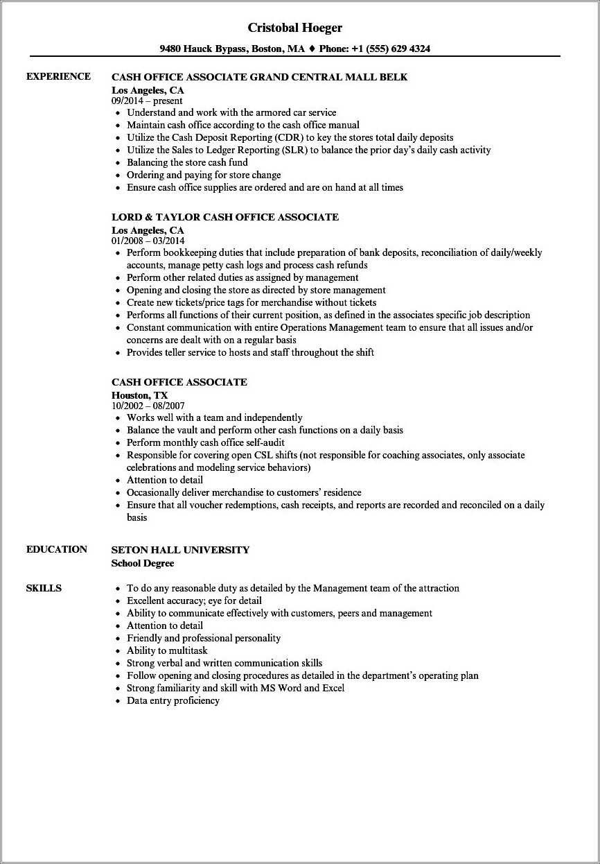 Skills For Cash Handling Resume Resume Example Gallery