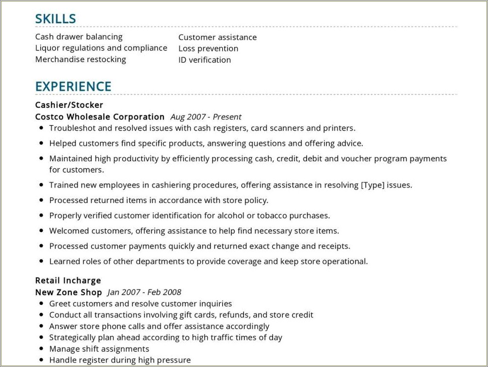 Resume Experience Handling Cash Snd Crefit Card Transactions Resume