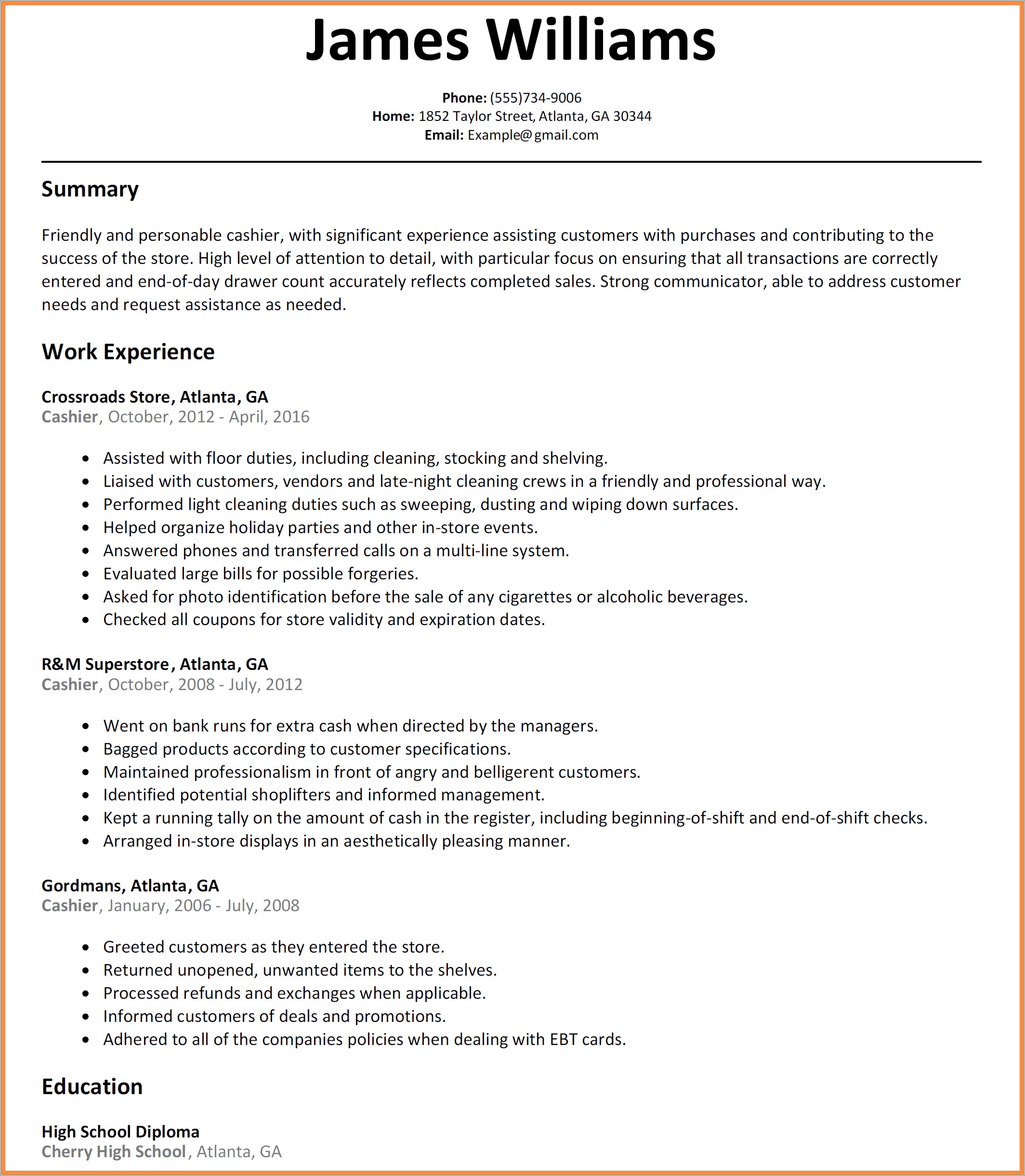 Cashier Resume No Experience High School Resume Example Gallery