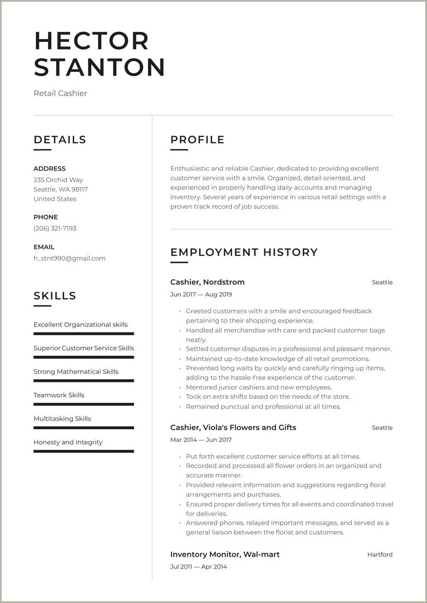 Cashier Resume Sample No Experience - Resume Example Gallery