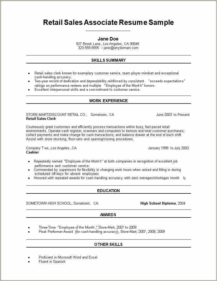 Cashier Sales Associate Resume Sample - Resume Example Gallery