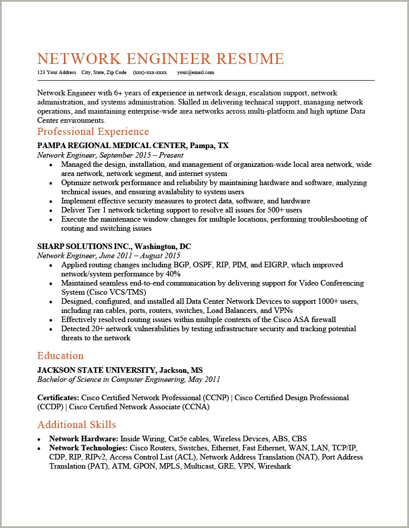 Ccna Network Engineer Resume Sample - Resume Example Gallery