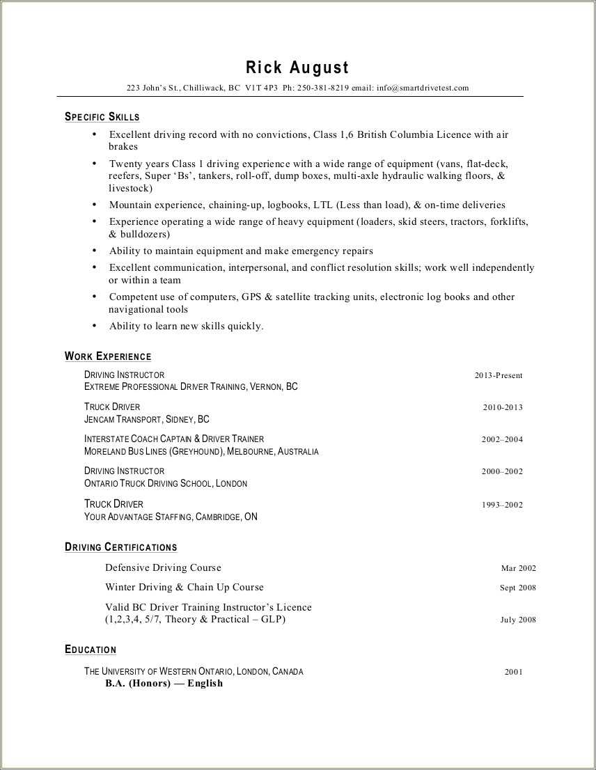 Hilo Driver Skills For A Resume Resume Example Gallery