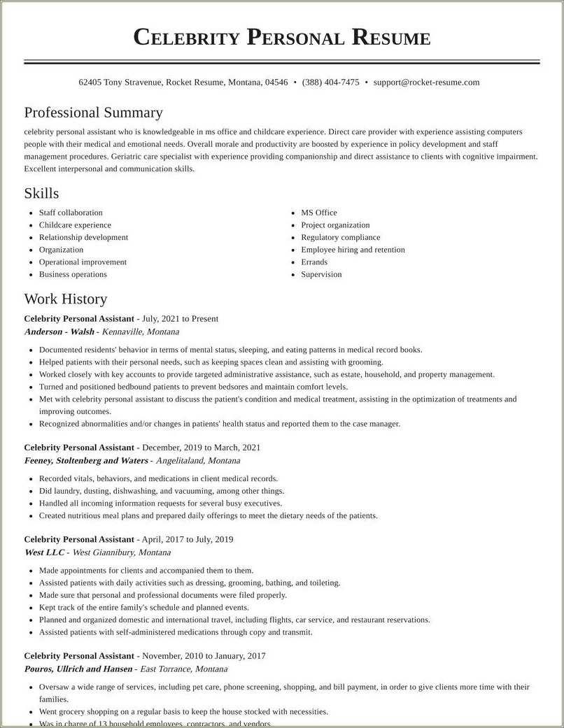 Celebrity Personal Assistant Resume Samples Resume Example Gallery