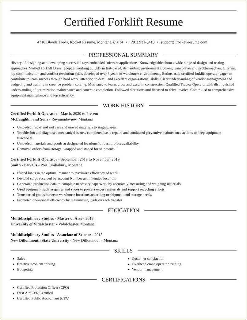 Certified Forklift Operator Resume Example - Resume Example Gallery