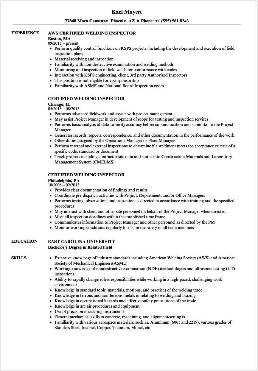 Structural Welding Inspector Resume Samples - Resume Example Gallery