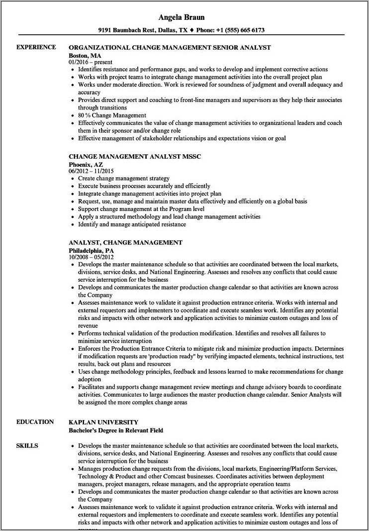 Itil Change Manager Resume Sample - Resume Example Gallery