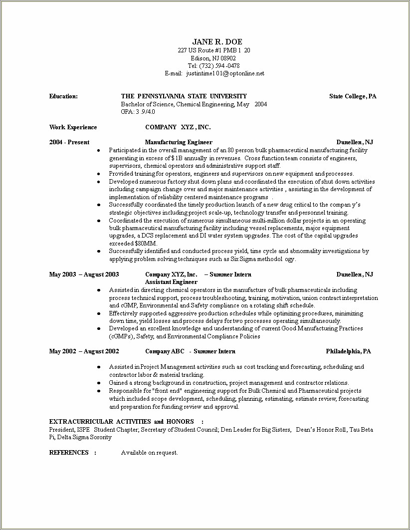 Chemical Engineering Student Resume Examples - Resume Example Gallery