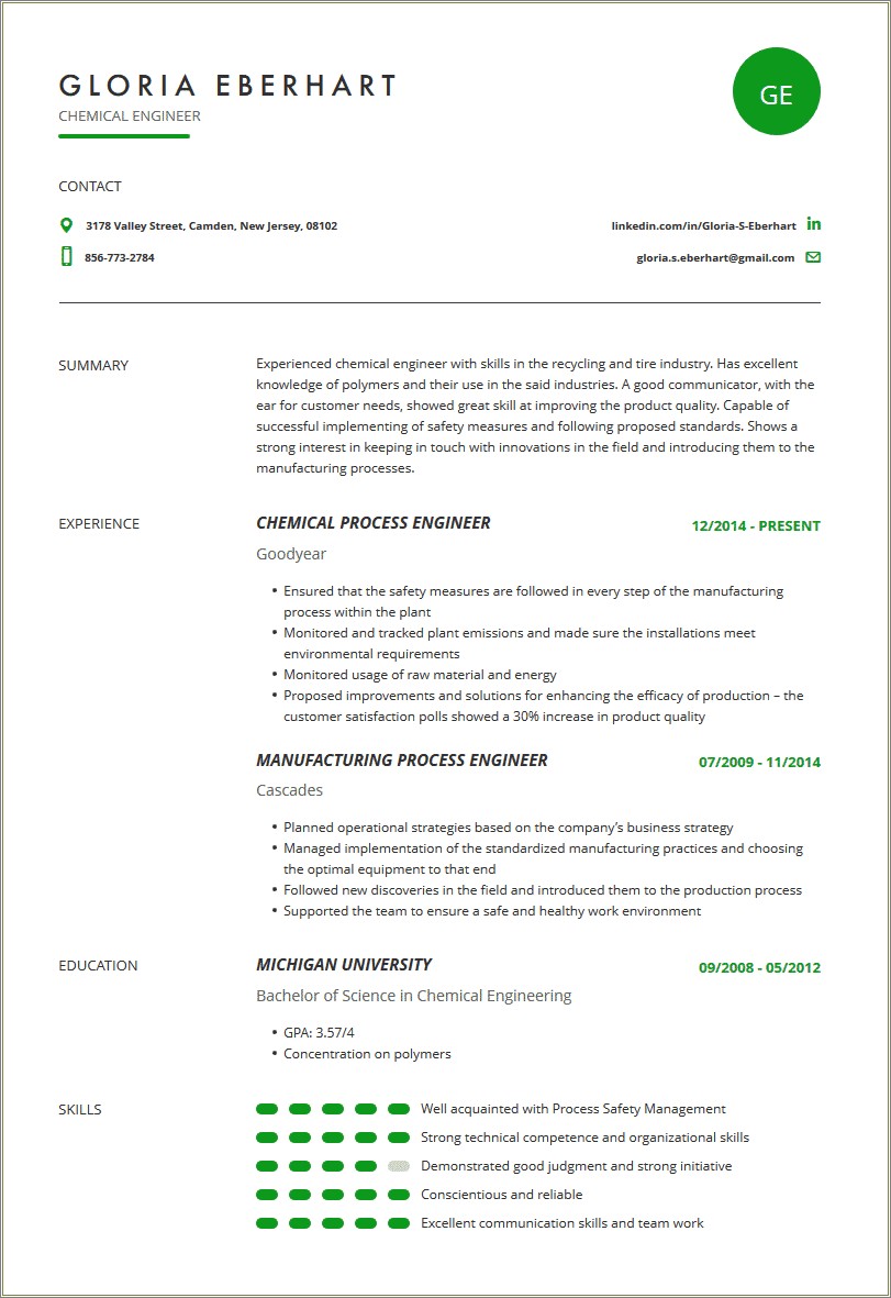 Chemical Process Engineer Resume Sample