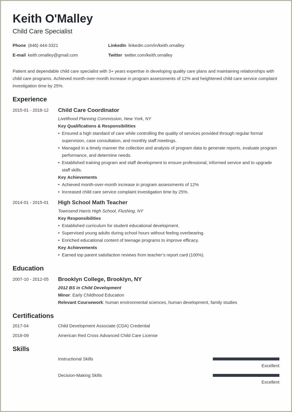 Child Care Provider Resume Examples