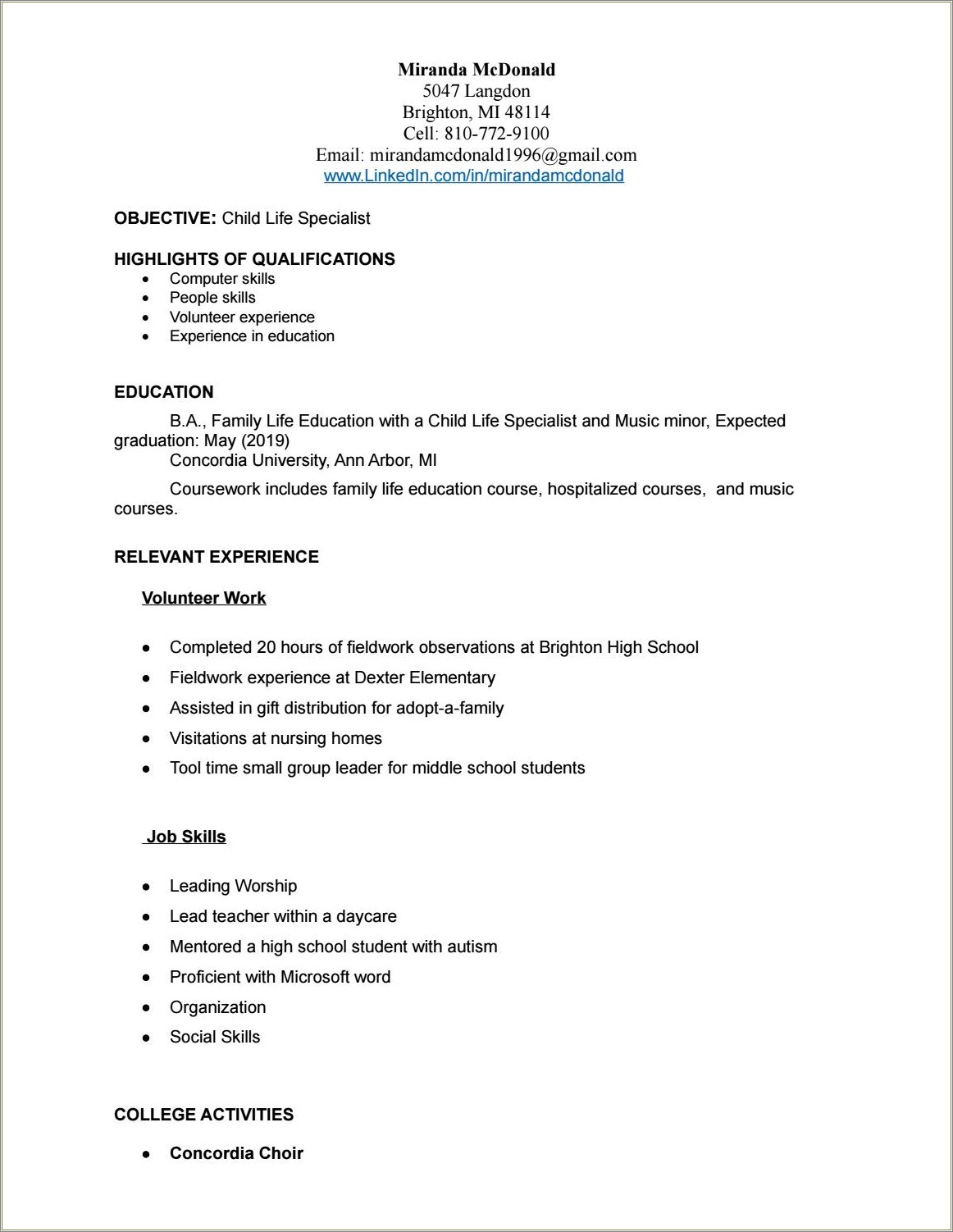 Child Life Specialist Resume Example - Resume Example Gallery