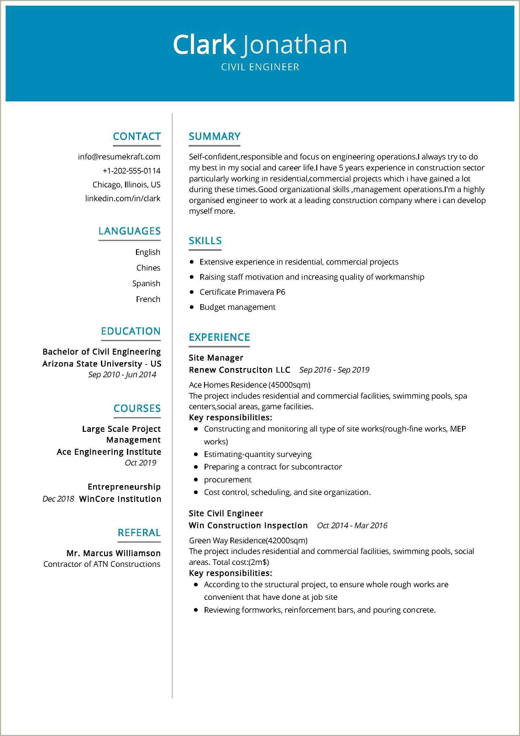 Civil Engineer Resume Sample Free Download Resume Example Gallery